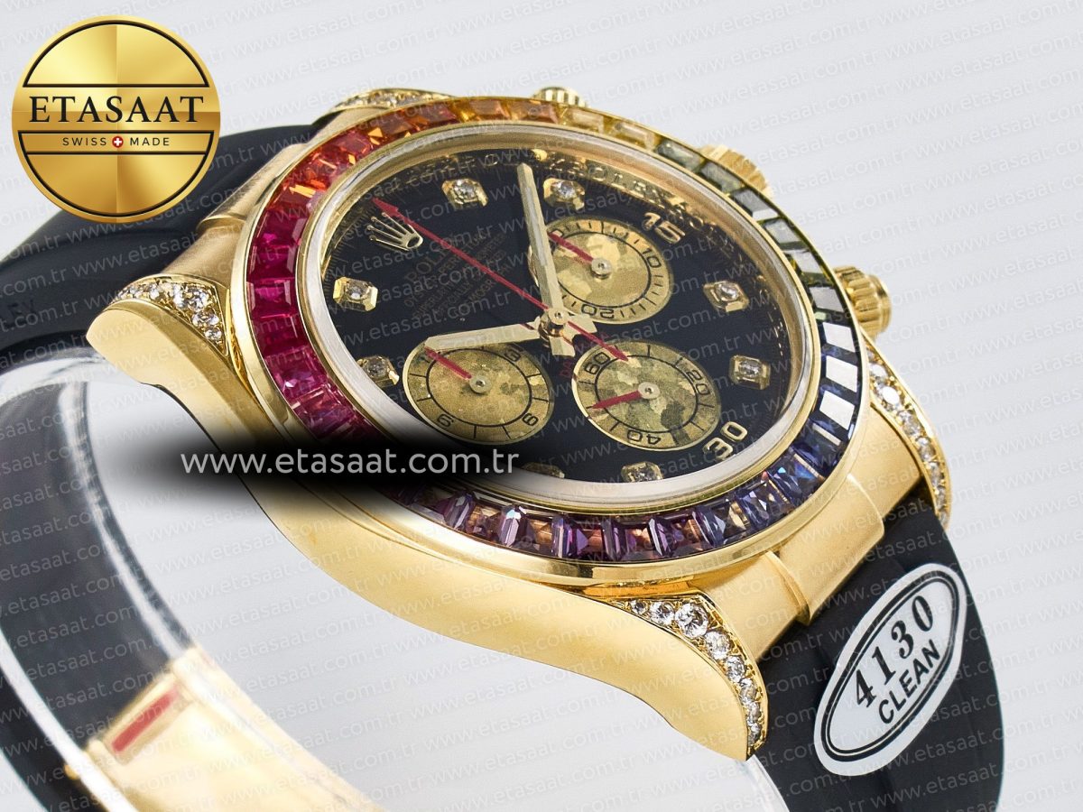 Daytona 116589 RBOW Clean YG 1:1 Best Edition 904L Rainbow Black Diamonds Dial on Black Rubber Strap SA4130 - Görsel 7