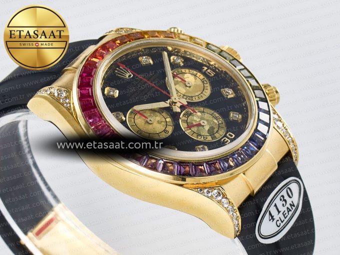 Daytona 116589 RBOW Clean YG 1:1 Best Edition 904L Rainbow Black Diamonds Dial on Black Rubber Strap SA4130 - Görsel 7