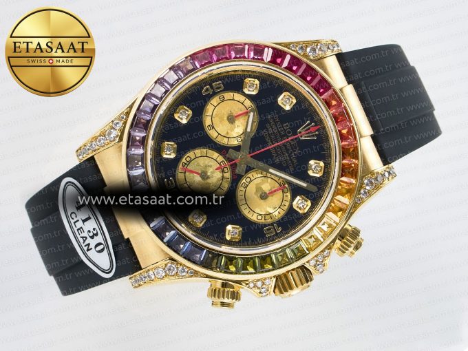 Daytona 116589 RBOW Clean YG 1:1 Best Edition 904L Rainbow Black Diamonds Dial on Black Rubber Strap SA4130 - Görsel 8