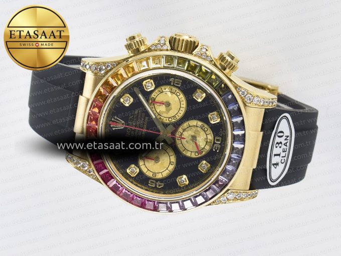 Daytona 116589 RBOW Clean YG 1:1 Best Edition 904L Rainbow Black Diamonds Dial on Black Rubber Strap SA4130 - Görsel 9
