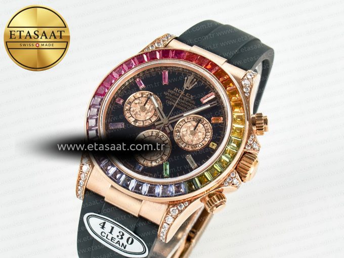 Daytona 116595 RBOW Clean RG 1:1 Best Edition 904L Rainbow Black Diamonds Dial on Black Rubber Strap SA4130 - Görsel 1