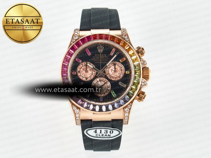 Daytona 116595 RBOW Clean RG 1:1 Best Edition 904L Rainbow Black Diamonds Dial on Black Rubber Strap SA4130 - Görsel 3