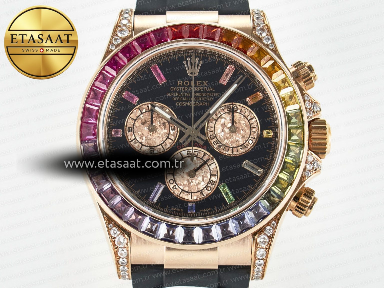 Daytona 116595 RBOW Clean RG 1:1 Best Edition 904L Rainbow Black Diamonds Dial on Black Rubber Strap SA4130 - Görsel 4