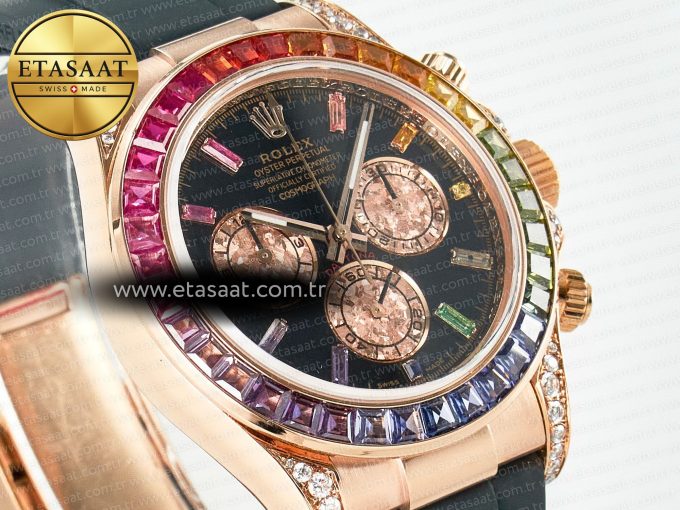 Daytona 116595 RBOW Clean RG 1:1 Best Edition 904L Rainbow Black Diamonds Dial on Black Rubber Strap SA4130 - Görsel 5