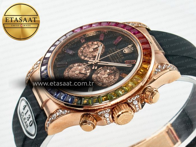 Daytona 116595 RBOW Clean RG 1:1 Best Edition 904L Rainbow Black Diamonds Dial on Black Rubber Strap SA4130 - Görsel 6