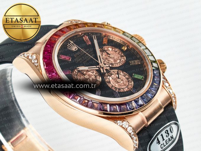 Daytona 116595 RBOW Clean RG 1:1 Best Edition 904L Rainbow Black Diamonds Dial on Black Rubber Strap SA4130 - Görsel 7