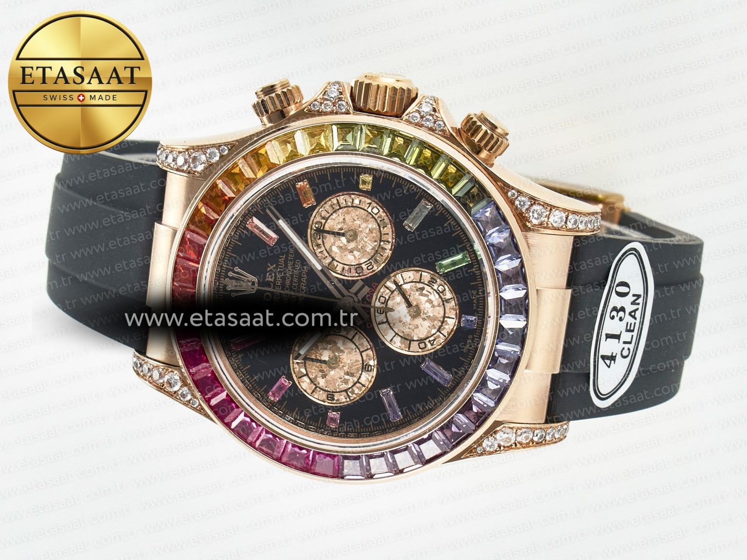 Daytona 116595 RBOW Clean RG 1:1 Best Edition 904L Rainbow Black Diamonds Dial on Black Rubber Strap SA4130 - Görsel 9