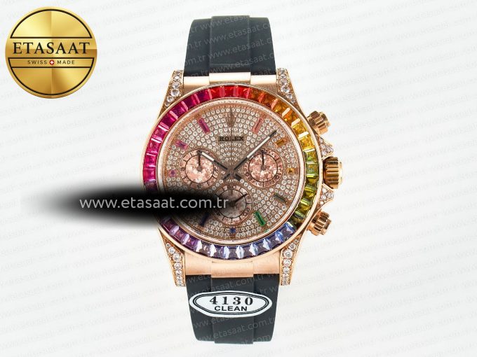 Daytona 116595 RBOW Clean RG 1:1 Best Edition 904L Rainbow Diamonds Dial on Black Rubber Strap SA4130 - Görsel 3
