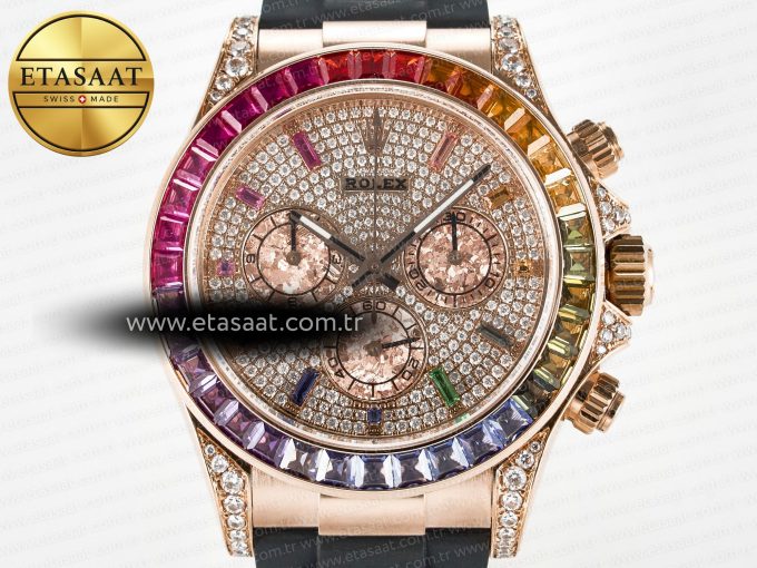 Daytona 116595 RBOW Clean RG 1:1 Best Edition 904L Rainbow Diamonds Dial on Black Rubber Strap SA4130 - Görsel 4