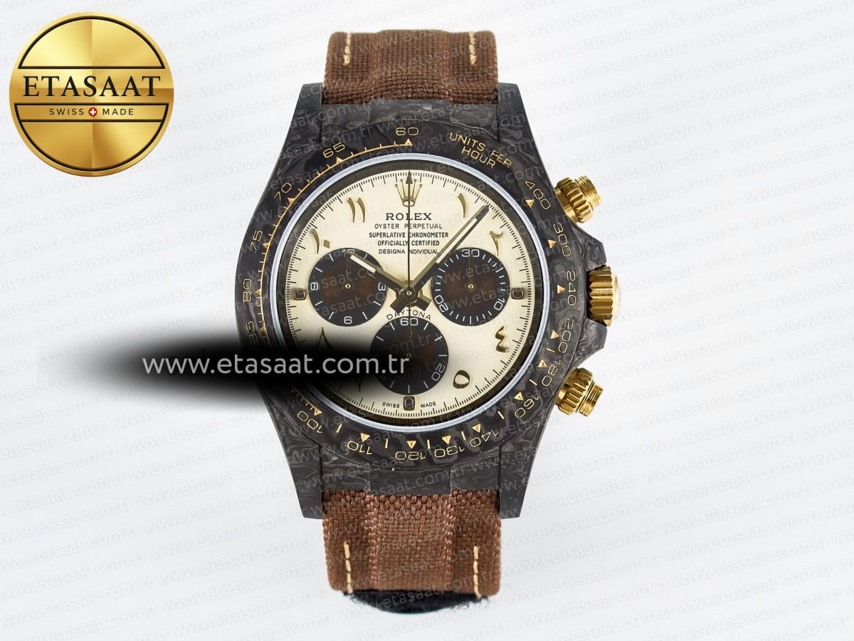 Daytona DIW Carbon Case and Bezel DIWF Edition Yellow Arabic Dial on Brown Nylon Strap A7750 - Görsel 3