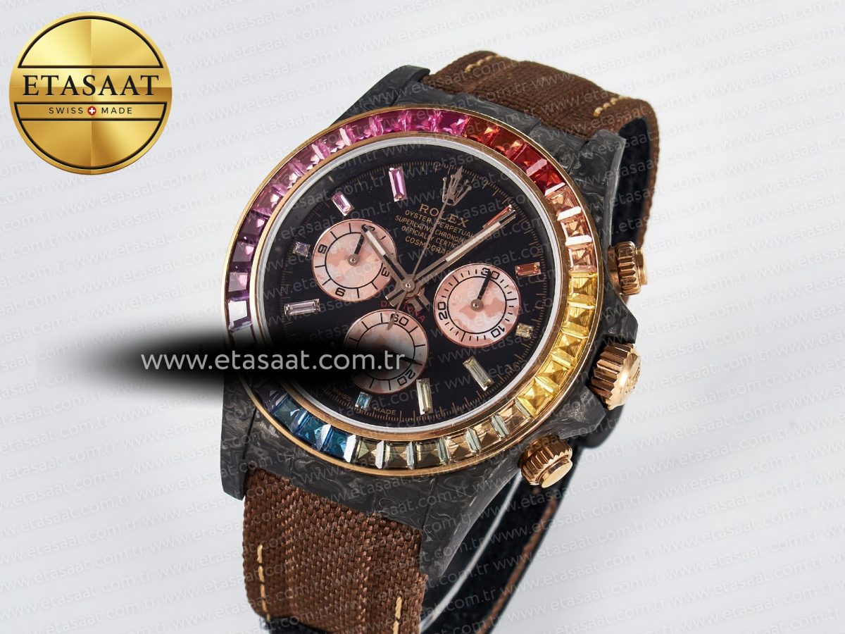 Daytona DIW Carbon Case DIWF Edition Black Dial Rainbow Diamonds Bezel on Brown Nylon Strap A7750 - Görsel 1