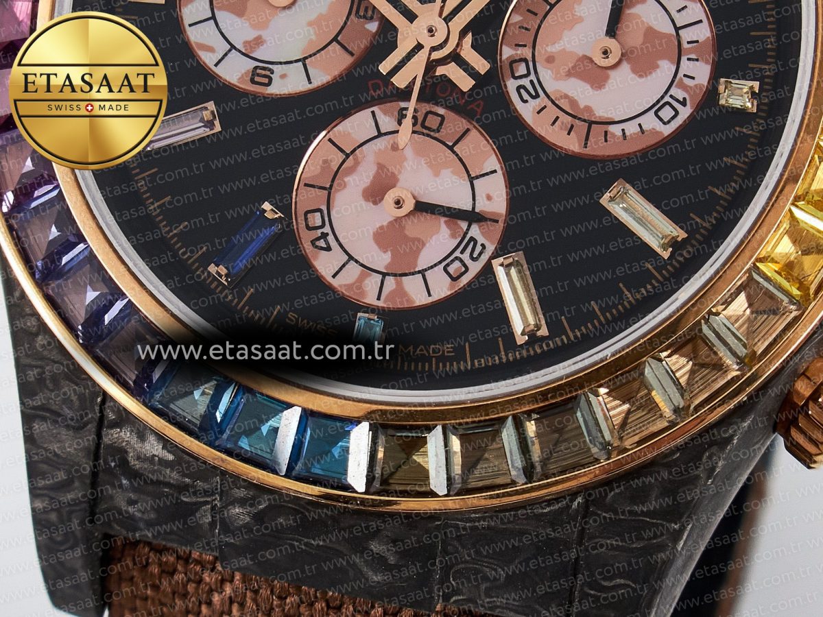 Daytona DIW Carbon Case DIWF Edition Black Dial Rainbow Diamonds Bezel on Brown Nylon Strap A7750 - Görsel 13