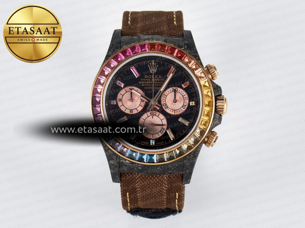 Daytona DIW Carbon Case DIWF Edition Black Dial Rainbow Diamonds Bezel on Brown Nylon Strap A7750 - Görsel 3