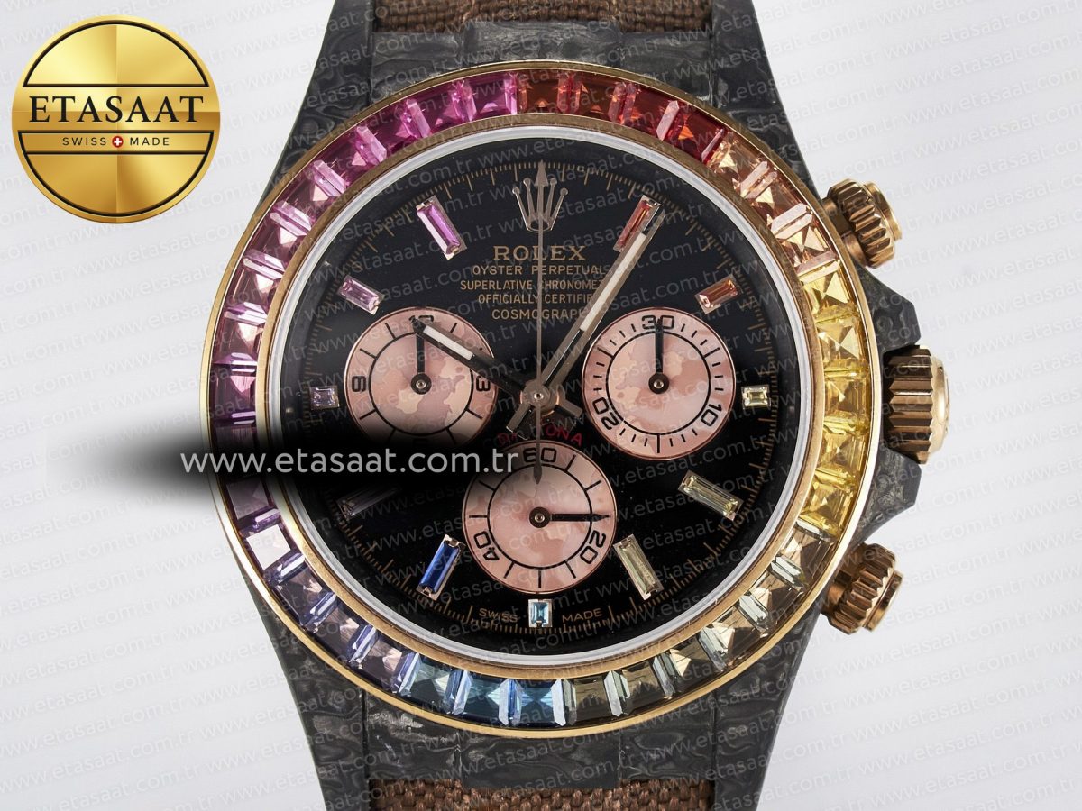 Daytona DIW Carbon Case DIWF Edition Black Dial Rainbow Diamonds Bezel on Brown Nylon Strap A7750 - Görsel 4