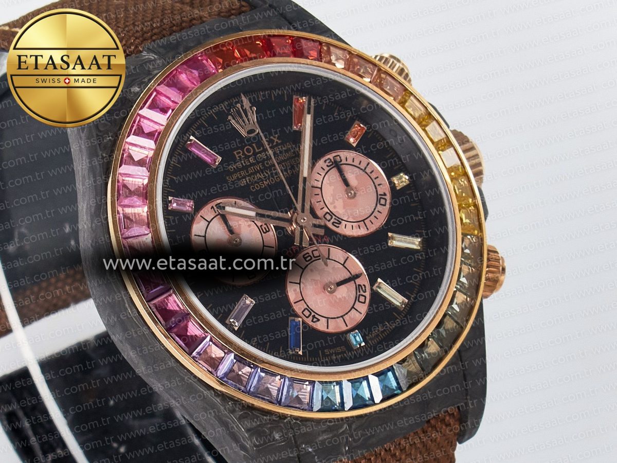 Daytona DIW Carbon Case DIWF Edition Black Dial Rainbow Diamonds Bezel on Brown Nylon Strap A7750 - Görsel 5