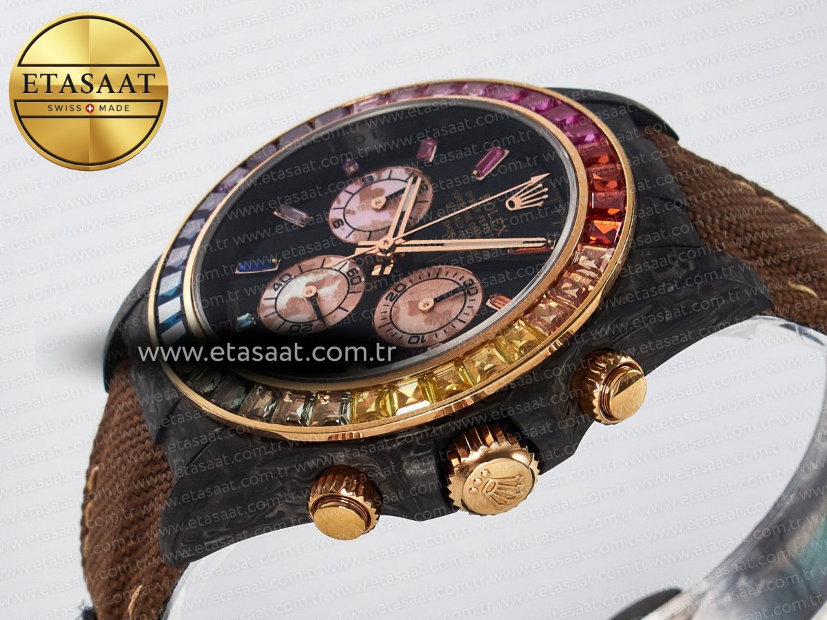 Daytona DIW Carbon Case DIWF Edition Black Dial Rainbow Diamonds Bezel on Brown Nylon Strap A7750 - Görsel 6