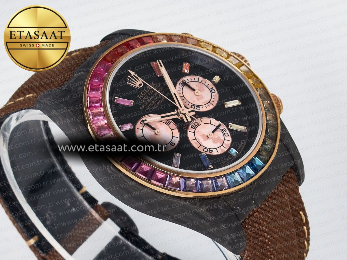 Daytona DIW Carbon Case DIWF Edition Black Dial Rainbow Diamonds Bezel on Brown Nylon Strap A7750 - Görsel 7