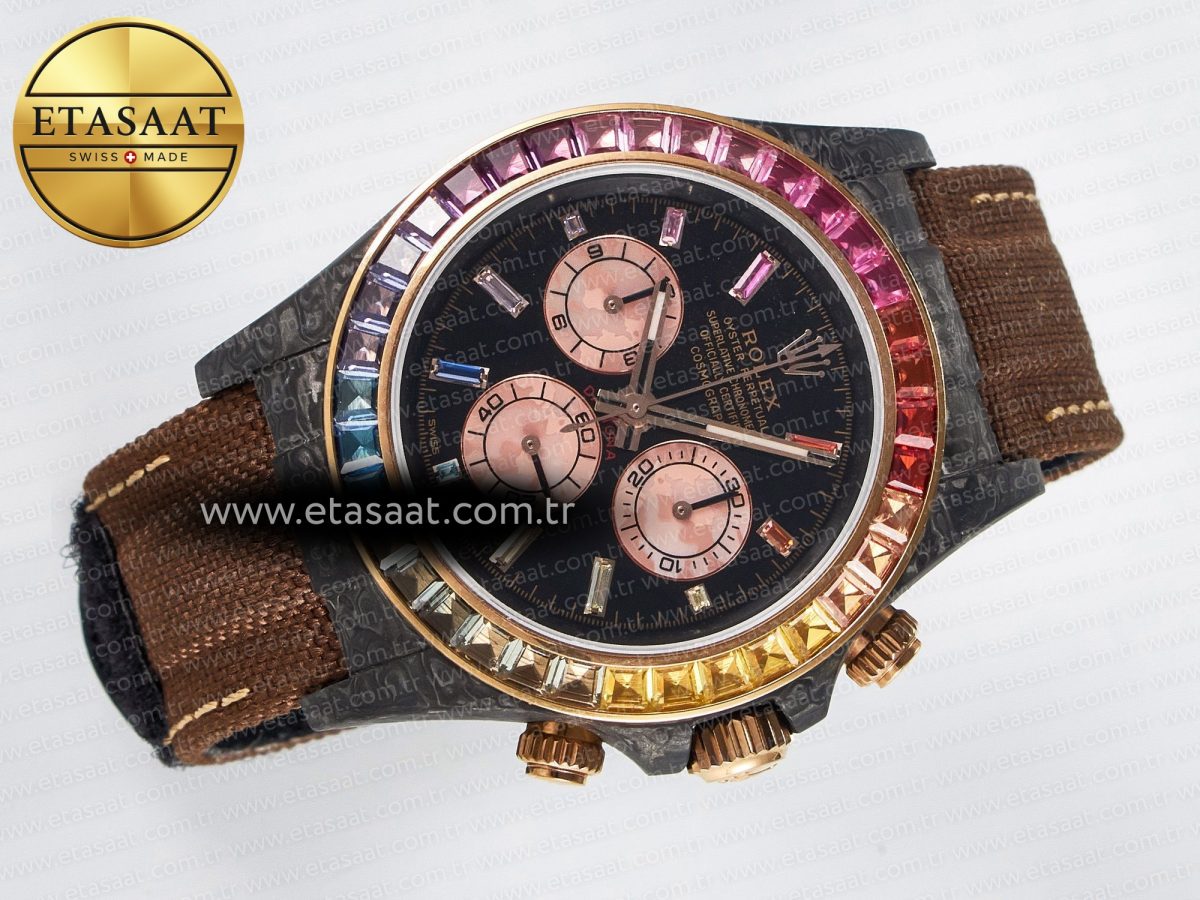 Daytona DIW Carbon Case DIWF Edition Black Dial Rainbow Diamonds Bezel on Brown Nylon Strap A7750 - Görsel 8