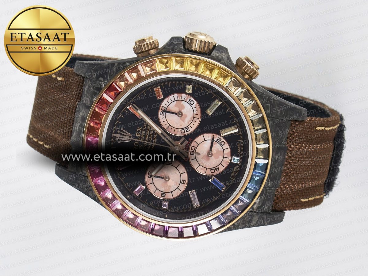 Daytona DIW Carbon Case DIWF Edition Black Dial Rainbow Diamonds Bezel on Brown Nylon Strap A7750 - Görsel 9
