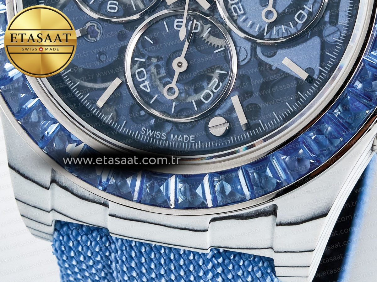 Daytona ZIF REMOULD White Carbon GETF Best Edition Blue Skeleton Dial Blue Diamonds Bezel on Blue Nylon Strap DD4802 - Görsel 12