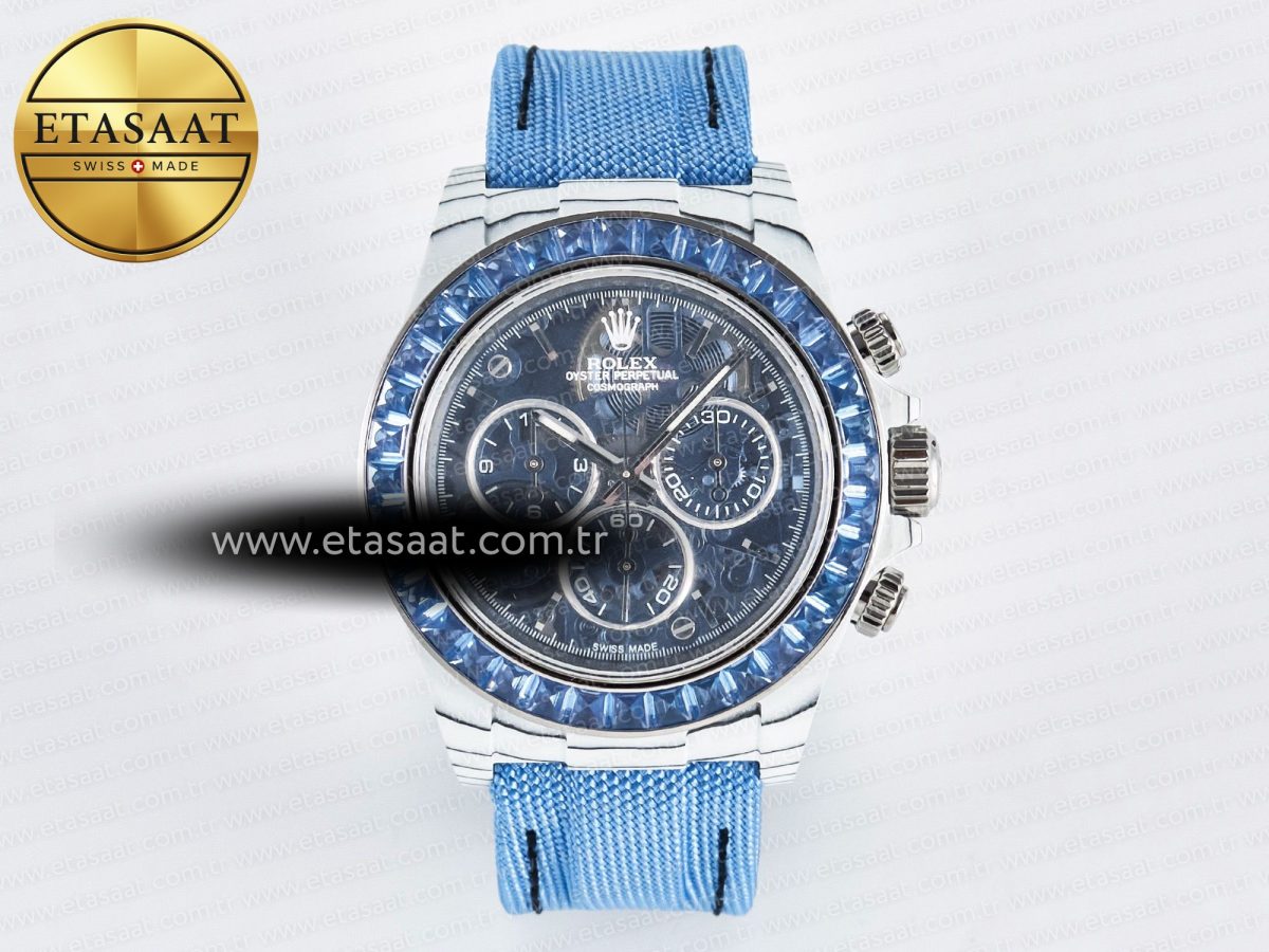 Daytona ZIF REMOULD White Carbon GETF Best Edition Blue Skeleton Dial Blue Diamonds Bezel on Blue Nylon Strap DD4802 - Görsel 3