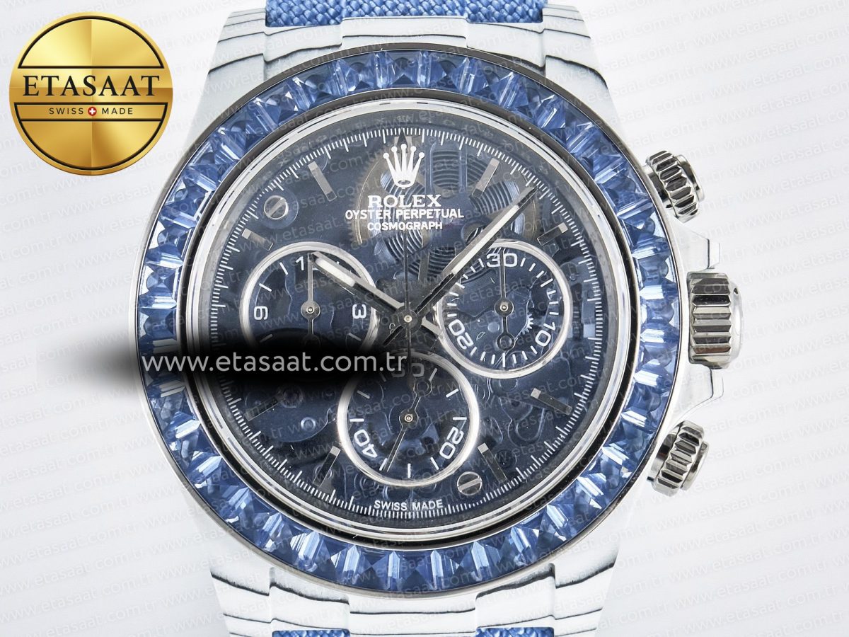 Daytona ZIF REMOULD White Carbon GETF Best Edition Blue Skeleton Dial Blue Diamonds Bezel on Blue Nylon Strap DD4802 - Görsel 4