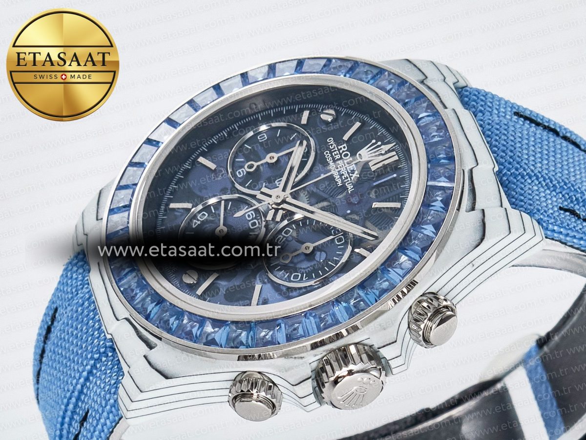Daytona ZIF REMOULD White Carbon GETF Best Edition Blue Skeleton Dial Blue Diamonds Bezel on Blue Nylon Strap DD4802 - Görsel 6