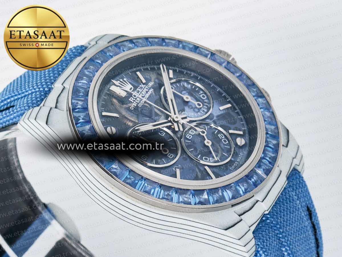 Daytona ZIF REMOULD White Carbon GETF Best Edition Blue Skeleton Dial Blue Diamonds Bezel on Blue Nylon Strap DD4802 - Görsel 7