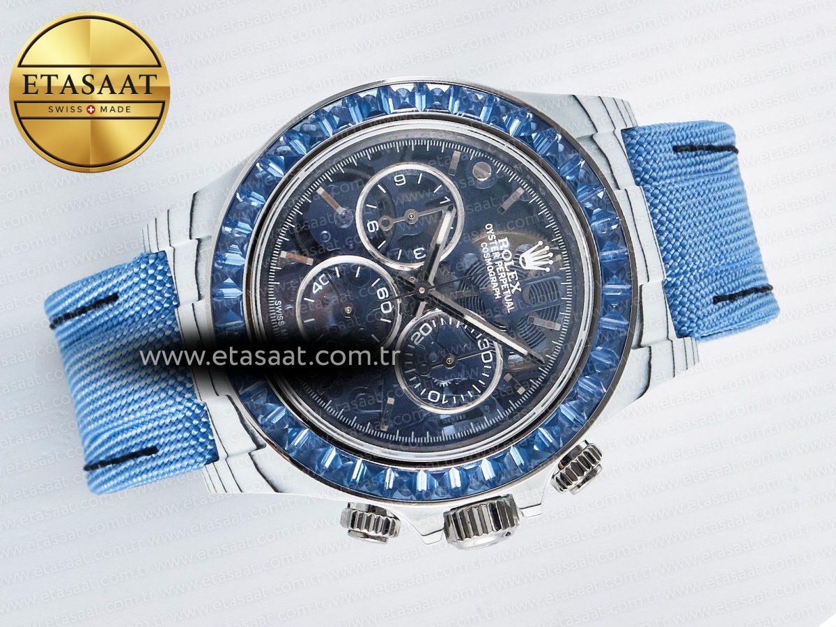 Daytona ZIF REMOULD White Carbon GETF Best Edition Blue Skeleton Dial Blue Diamonds Bezel on Blue Nylon Strap DD4802 - Görsel 8