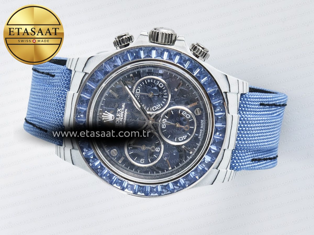Daytona ZIF REMOULD White Carbon GETF Best Edition Blue Skeleton Dial Blue Diamonds Bezel on Blue Nylon Strap DD4802 - Görsel 9