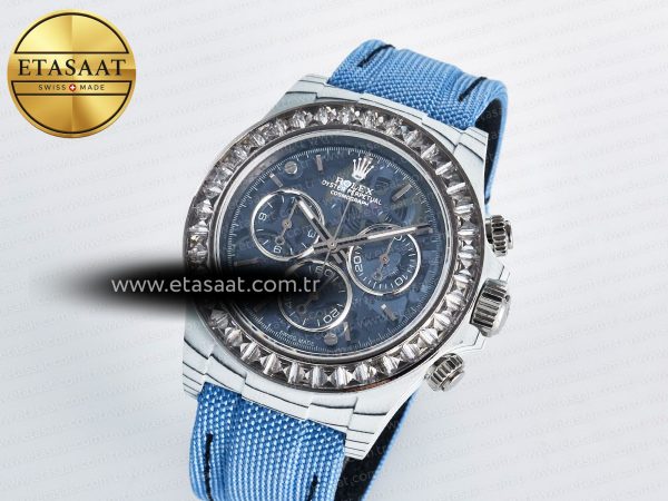 Daytona ZIF REMOULD White Carbon GETF Best Edition Blue Skeleton Dial Diamonds Bezel on Blue Nylon Strap DD4802