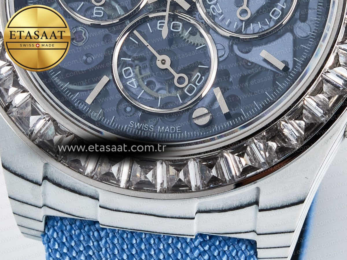 Daytona ZIF REMOULD White Carbon GETF Best Edition Blue Skeleton Dial Diamonds Bezel on Blue Nylon Strap DD4802 - Görsel 12