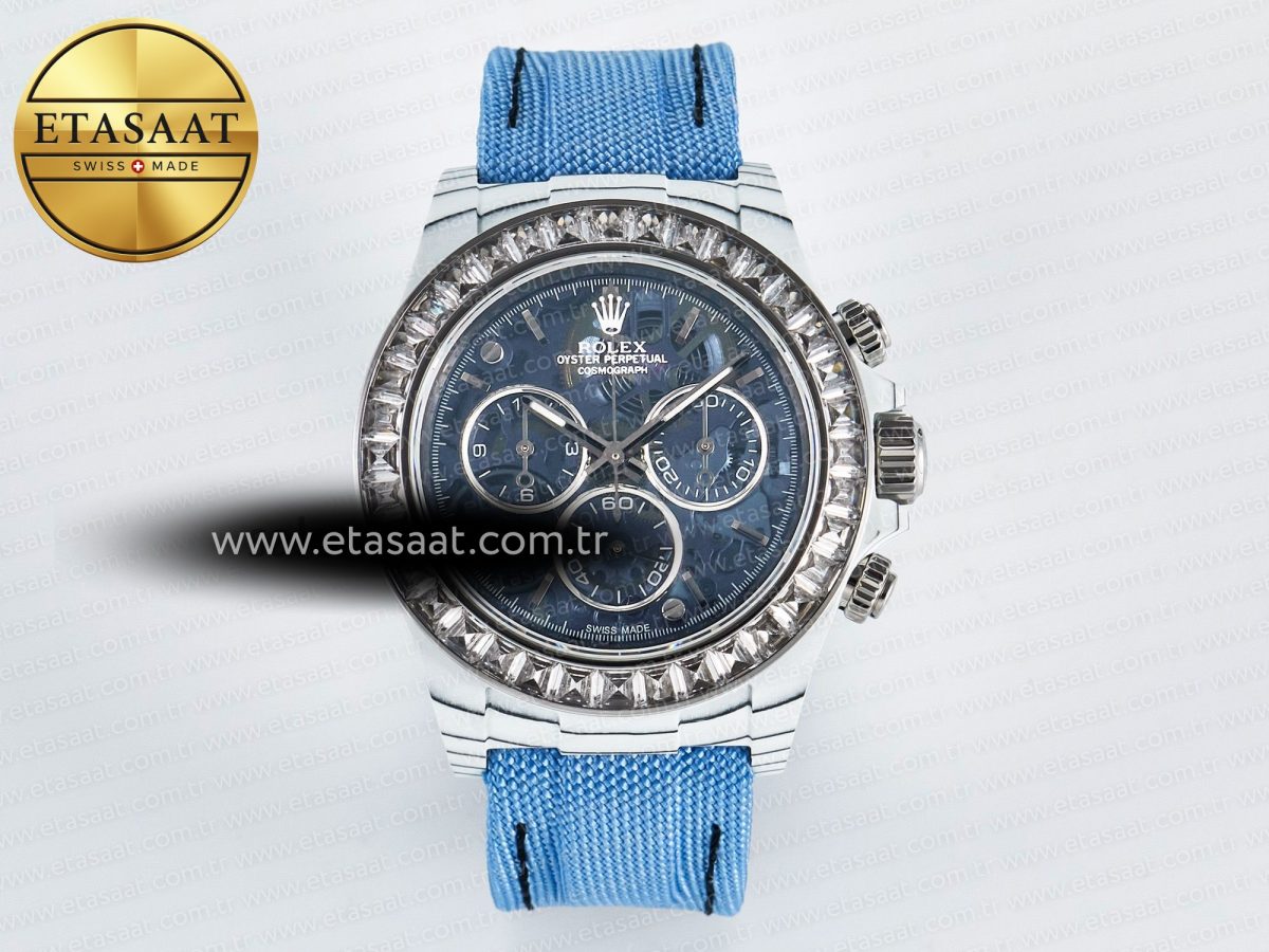 Daytona ZIF REMOULD White Carbon GETF Best Edition Blue Skeleton Dial Diamonds Bezel on Blue Nylon Strap DD4802 - Görsel 3