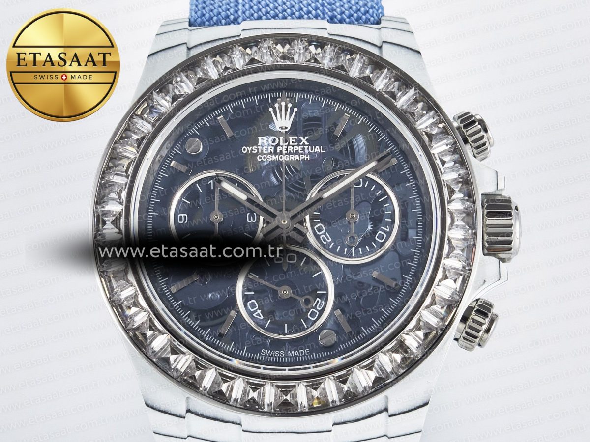 Daytona ZIF REMOULD White Carbon GETF Best Edition Blue Skeleton Dial Diamonds Bezel on Blue Nylon Strap DD4802 - Görsel 4