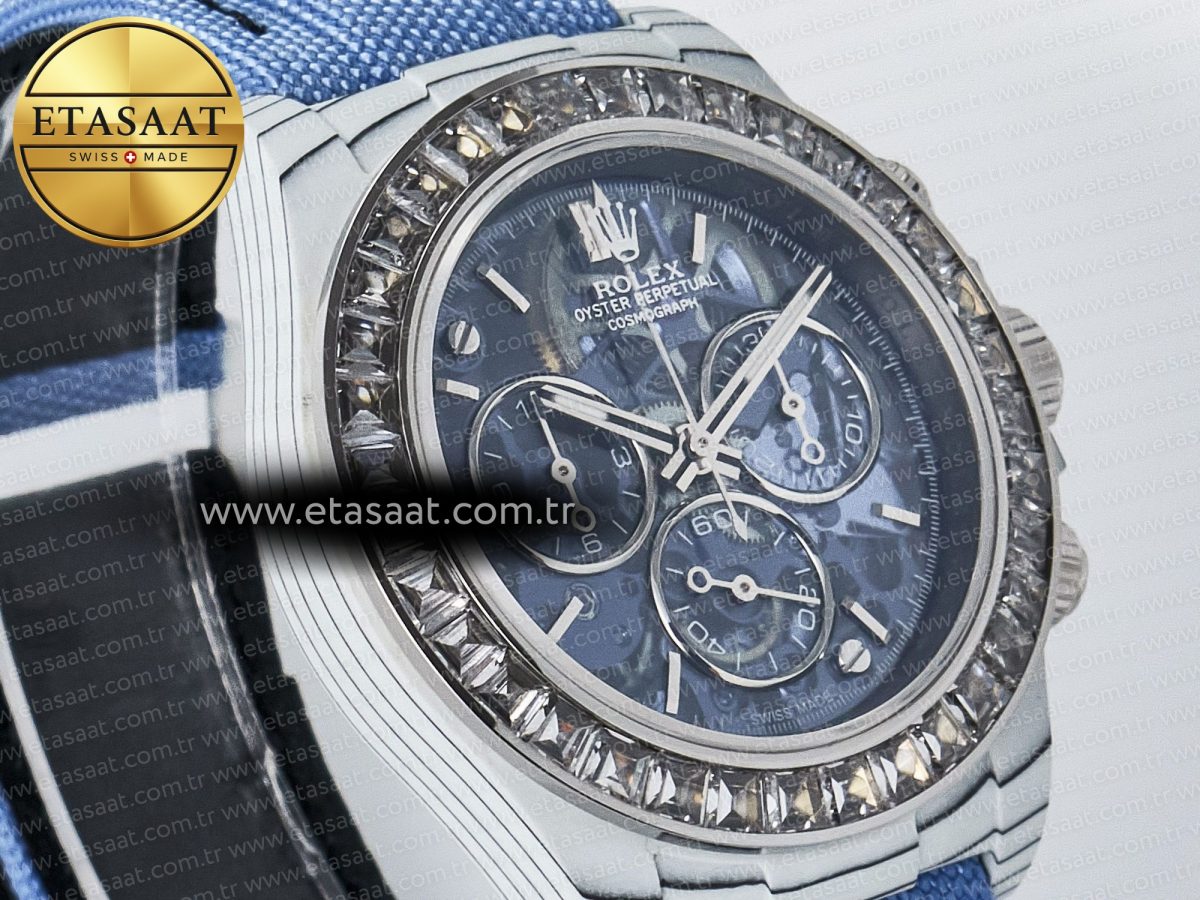 Daytona ZIF REMOULD White Carbon GETF Best Edition Blue Skeleton Dial Diamonds Bezel on Blue Nylon Strap DD4802 - Görsel 5