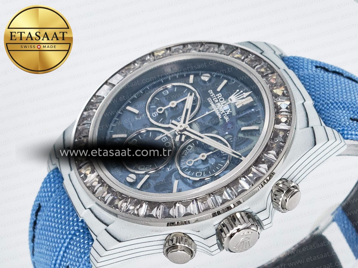 Daytona ZIF REMOULD White Carbon GETF Best Edition Blue Skeleton Dial Diamonds Bezel on Blue Nylon Strap DD4802 - Görsel 6