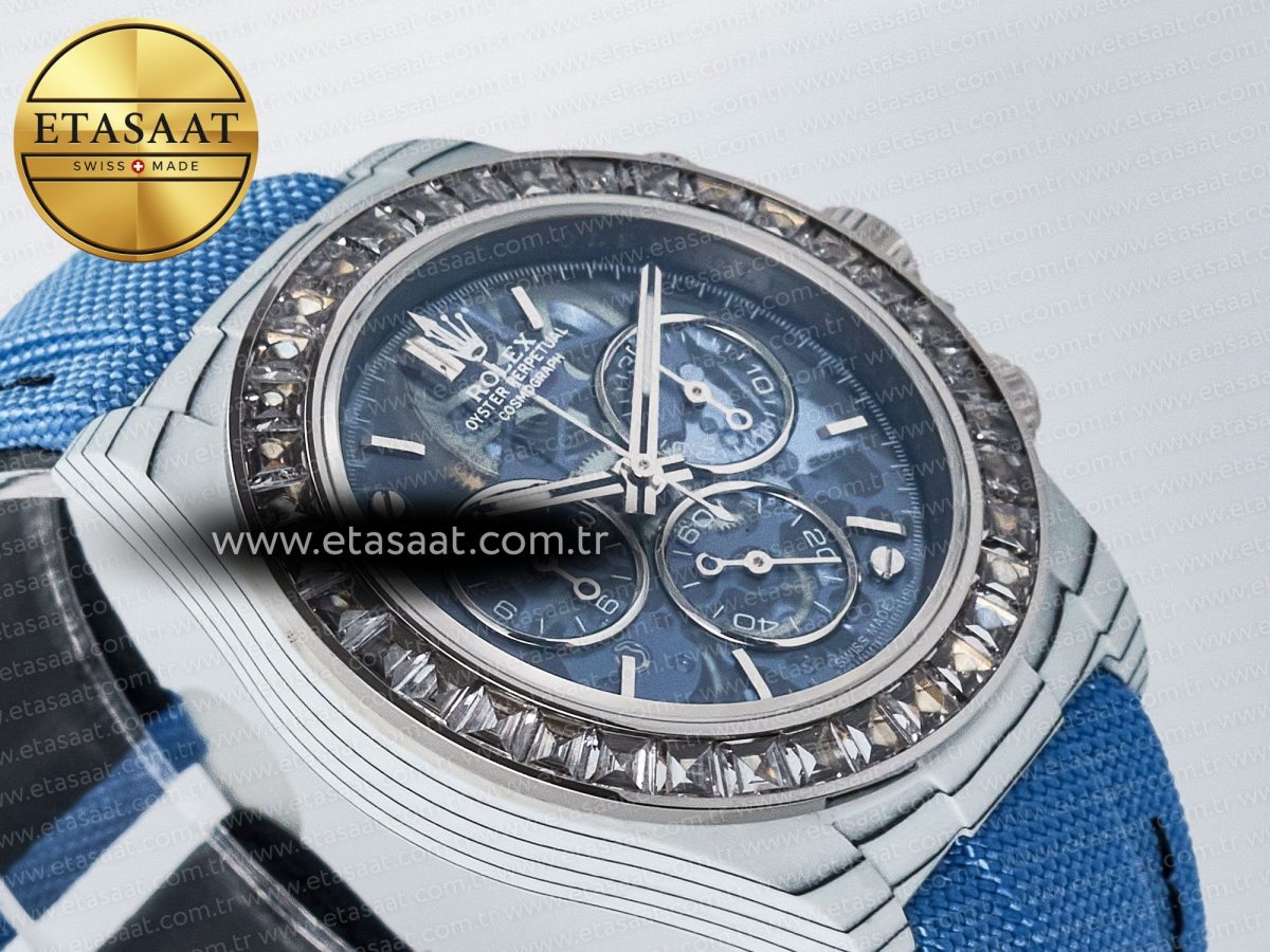 Daytona ZIF REMOULD White Carbon GETF Best Edition Blue Skeleton Dial Diamonds Bezel on Blue Nylon Strap DD4802 - Görsel 7