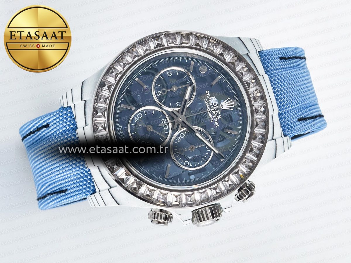 Daytona ZIF REMOULD White Carbon GETF Best Edition Blue Skeleton Dial Diamonds Bezel on Blue Nylon Strap DD4802 - Görsel 8