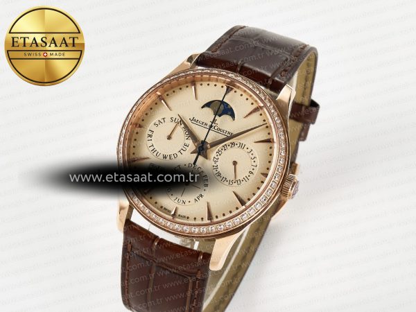 Master Ultra Thin Perpetual Calendar RG V9F 1:1 Best Edition Cream Dial Diamonds Bezel on Brown Leather Strap A868 V2