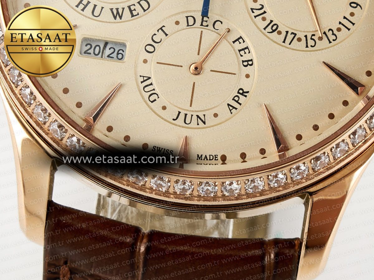 Master Ultra Thin Perpetual Calendar RG V9F 1:1 Best Edition Cream Dial Diamonds Bezel on Brown Leather Strap A868 V2 - Görsel 13