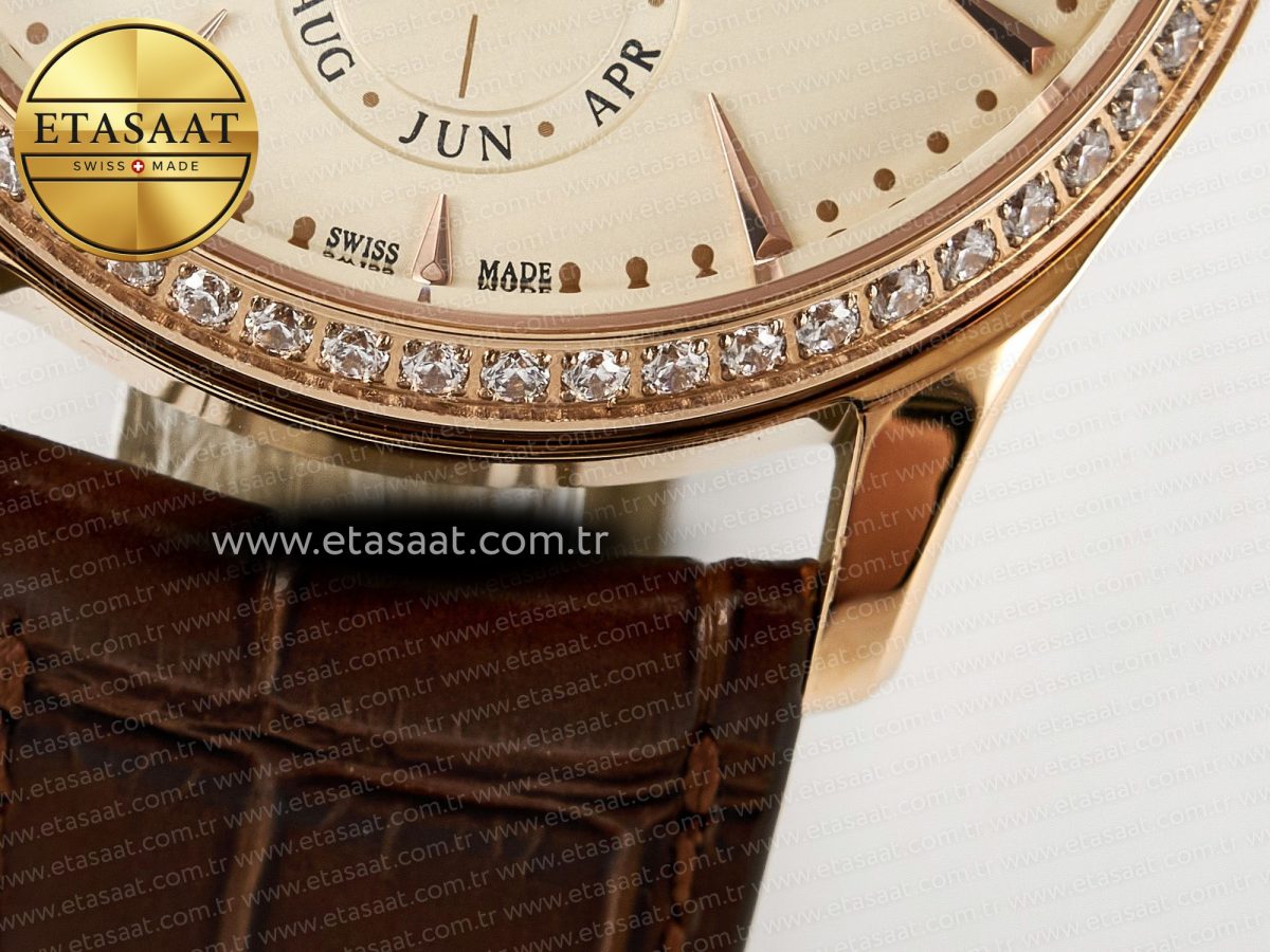 Master Ultra Thin Perpetual Calendar RG V9F 1:1 Best Edition Cream Dial Diamonds Bezel on Brown Leather Strap A868 V2 - Görsel 14