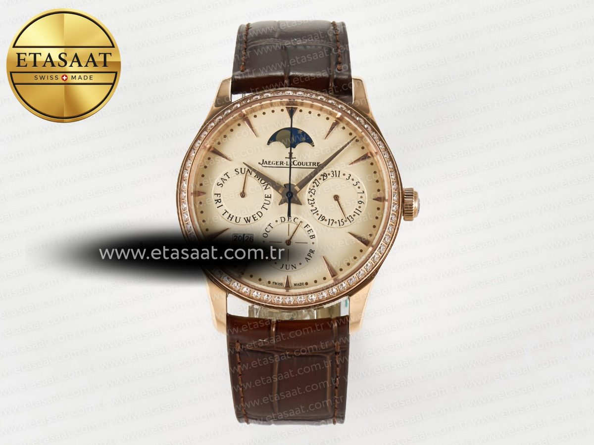 Master Ultra Thin Perpetual Calendar RG V9F 1:1 Best Edition Cream Dial Diamonds Bezel on Brown Leather Strap A868 V2 - Görsel 3