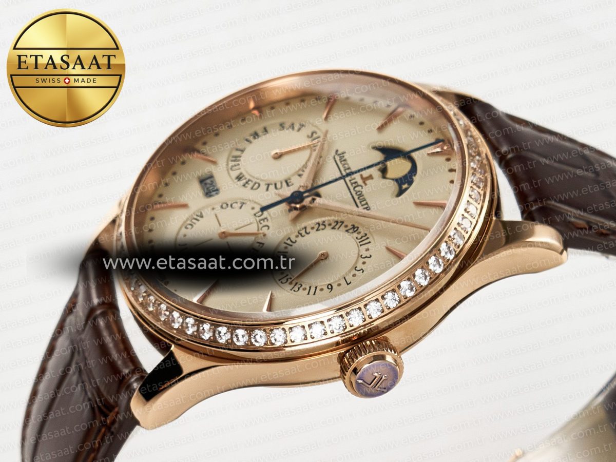 Master Ultra Thin Perpetual Calendar RG V9F 1:1 Best Edition Cream Dial Diamonds Bezel on Brown Leather Strap A868 V2 - Görsel 6