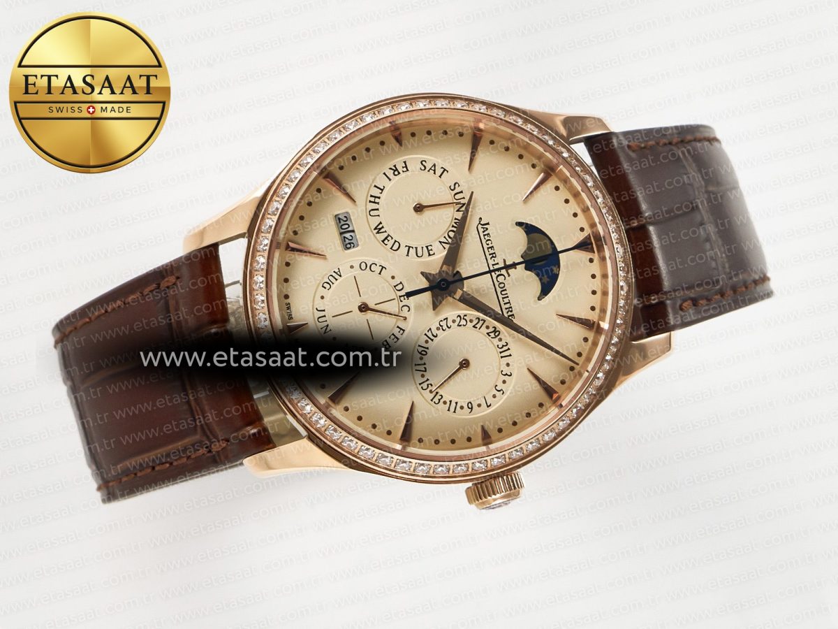 Master Ultra Thin Perpetual Calendar RG V9F 1:1 Best Edition Cream Dial Diamonds Bezel on Brown Leather Strap A868 V2 - Görsel 8