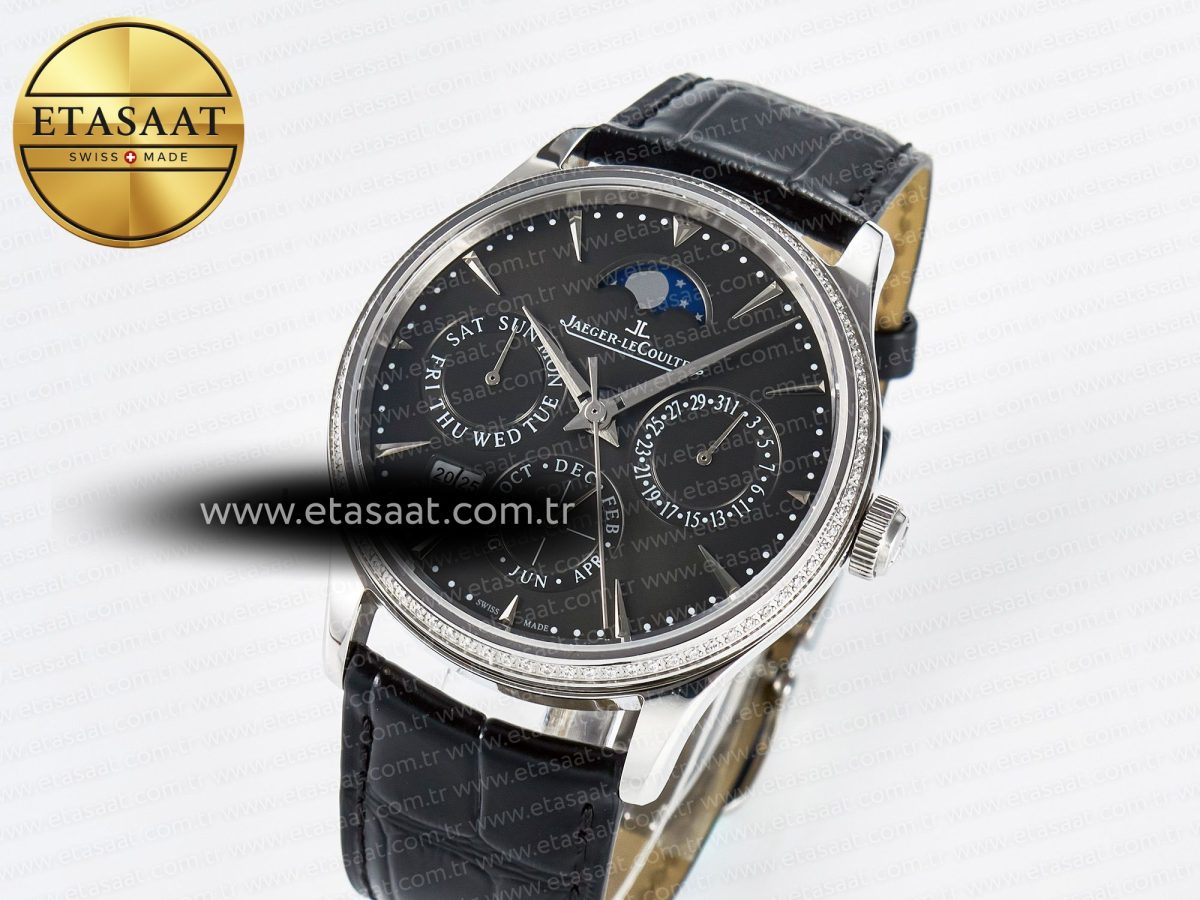 Master Ultra Thin Perpetual Calendar SS V9F 1:1 Best Edition Gray Dial Diamonds Bezel on Black Leather Strap A868 V2 - Görsel 1