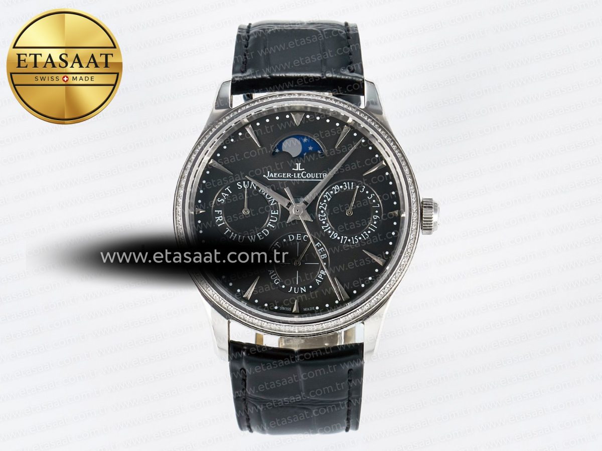 Master Ultra Thin Perpetual Calendar SS V9F 1:1 Best Edition Gray Dial Diamonds Bezel on Black Leather Strap A868 V2 - Görsel 3