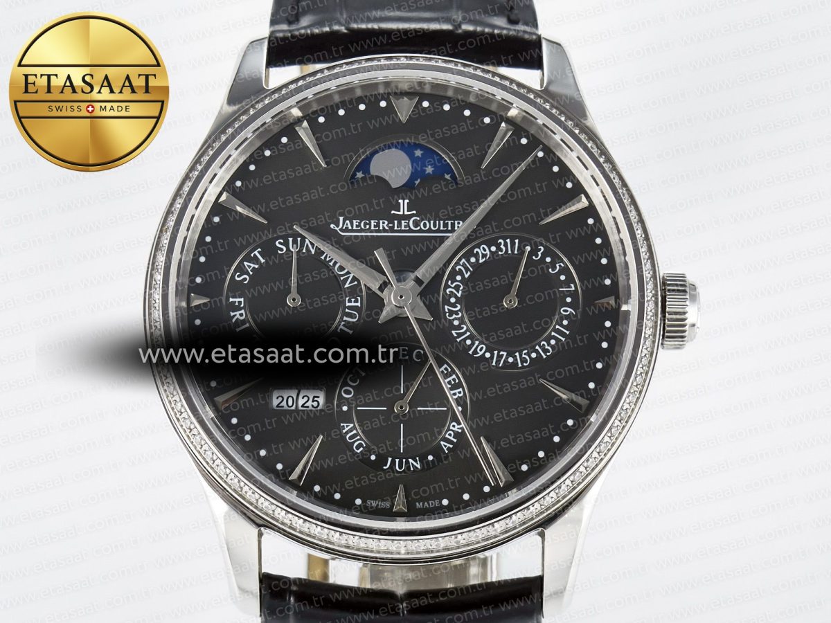 Master Ultra Thin Perpetual Calendar SS V9F 1:1 Best Edition Gray Dial Diamonds Bezel on Black Leather Strap A868 V2 - Görsel 4