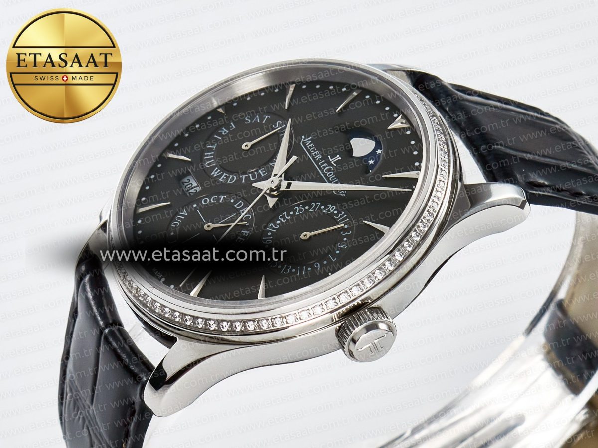 Master Ultra Thin Perpetual Calendar SS V9F 1:1 Best Edition Gray Dial Diamonds Bezel on Black Leather Strap A868 V2 - Görsel 6