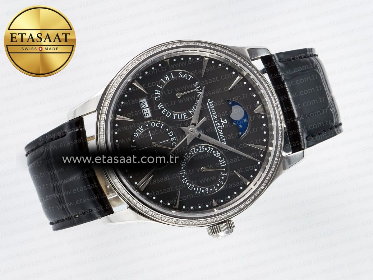 Master Ultra Thin Perpetual Calendar SS V9F 1:1 Best Edition Gray Dial Diamonds Bezel on Black Leather Strap A868 V2 - Görsel 8
