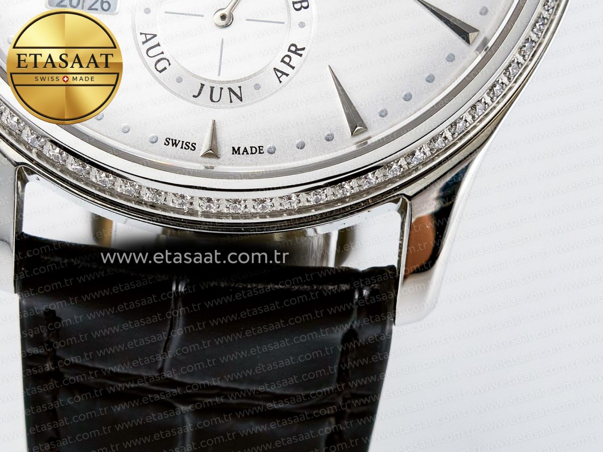 Master Ultra Thin Perpetual Calendar SS V9F 1:1 Best Edition White Dial Diamonds Bezel on Black Leather Strap A868 V2 - Görsel 14